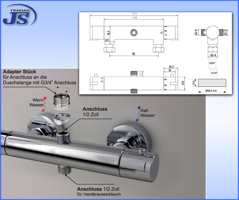 Thermostat Duschstangen Armatur Anschluss 3/4-1/2Zoll Duscharmatur