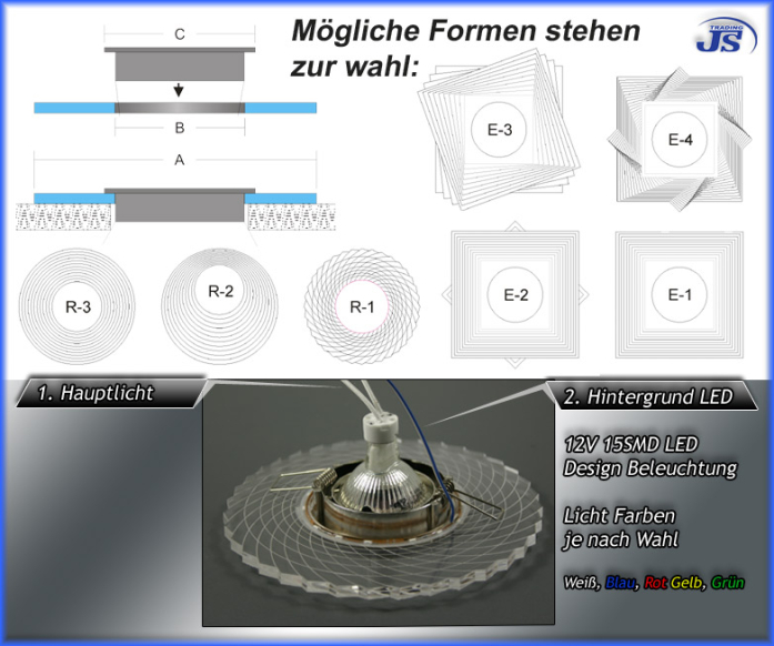 LED Design Akryl-Blende für Einbauleuchten Einbaugehäuse Einbaurahmen